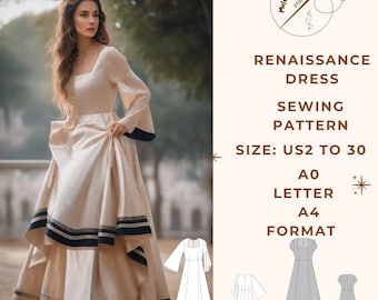 Patrón de vestido y corsé de cosplay medieval renacentista, hada, regencia, vestido élfico, vestido largo, disfraz de Halloween, tamaño A0 A4, carta de EE. UU., talla 2 a 30 de EE. UU.