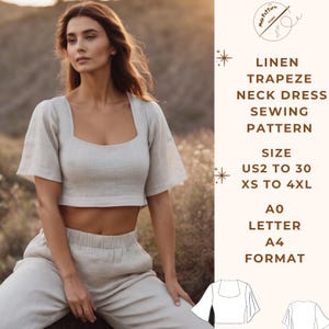 Patrón de top de recorte de lino, patrón de costura de vestido de lino, rango de opciones de tamaño US2 a 30 y XS a 4XL, formato de papel de carta A0- A4-US adecuado