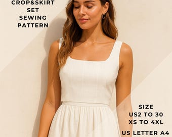 Crop&Below Knees Skirt Set Sewing Pattern, Women's Set, Range of size options US2 to 30 and XS to 4XL,Suitable A0-A4-US Letter paper format