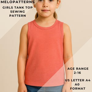 以下が含まれることがあります： 若い人が着ているコーラル色のタンクトップ。画像には「MELOPATTERNS GIRLS TANK TOP SEWING PATTERN」と「AGE RANGE 2-16 US LETTER A4 AO FORMAT」というテキストが含まれています。