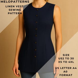 May include: A navy blue linen vest sewing pattern from MELOPATTERNS. The sleeveless vest has a button-up front and a tailored fit. The pattern includes sizes US2 to 30, XS to 4XL, and is available in US Letter, A4, and A0 formats.