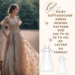 Fairy Cottagecore Maxi Dress Sewing Pattern ,range of size options US 2 to 30 and XS to 4XL,Suitable A0- A4-US Letter paper format