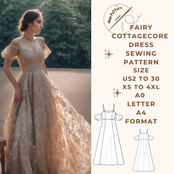 Fairycore Cottage Maxi Kleid Schnittmuster, Auswahl an Größenoptionen US 2 bis 30 und XS bis 4XL, Geeignet A0-A4-US Letter Papierformat