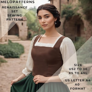 Puede incluir: Un patrón de costura para un vestido de estilo renacentista. El patrón incluye instrucciones para las tallas US 2 a 30 y XS a 4XL. El patrón está impreso en papel A4 en formato AO.