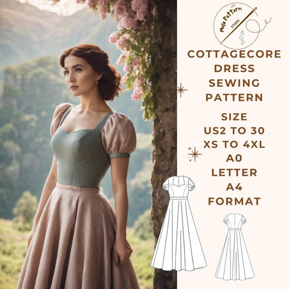 Fairy Cottagecore Maxi Dress Sewing Pattern , Range of Size Options US 2 to 30 and XS to 4xl,suitable A0- A4-US Letter Paper Format