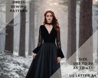 Mönster för gotisk cosplay-klänning, vampyr-cosplay-klänning, balklänning, US 2 till 30 och XS till 4XL, lämplig för A0-A4-US Letter-pappersformat