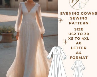 Evening Gown Sewing Pattern, Cocktail Dress,Anniversary Dress, Ball Gown, US 2 to 30 and XS to 4XL,Suitable A0- A4-US Letter paper format