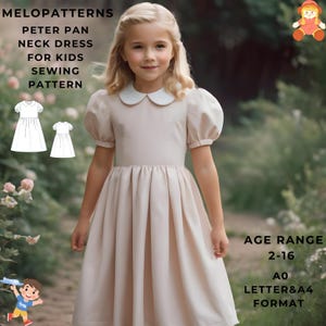 Patrón de vestido fruncido con cuello Peter Pan para niños, patrón de costura de vestido de verano, rango de edad de 2 a 16 años, adecuado para papel de tamaño carta A0-A4-US