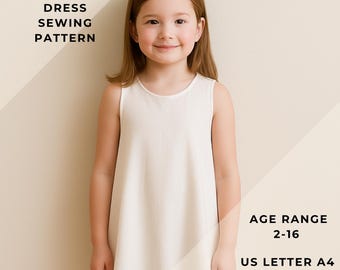 Zeltkleid Schnittmuster, Schnittmuster für Sommerkleid, Altersbereich 2-16 Jahre, geeignet für A0-A4-US Letter Papierformat