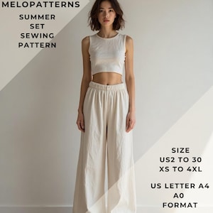 Patrón de conjunto de verano, pantalón corto de verano, patrón de costura de pantalón de verano, opciones de tallas: desde US2 hasta 30 y XS hasta 4XL, apto para papel tamaño carta A0-A4.