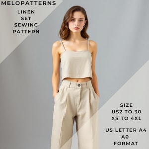 Patrón de conjunto de lino, patrón de pantalón de lino, patrón de costura de pantalón de lino, rango de opciones de tamaño: US2 a 30 y XS a 4XL, adecuado para papel tamaño carta A0-A4-US.