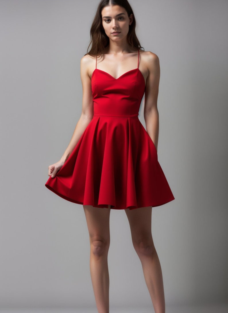May include: A red sleeveless skater dress with a sweetheart neckline and thin straps.