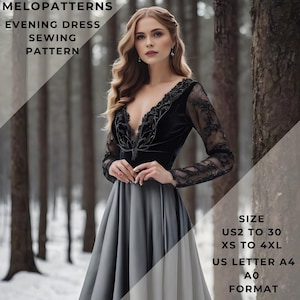 Patrón de costura para vestido de noche, vestido largo, vestido de aniversario, vestido de fiesta, tallas 2 a 30 de EE. UU. y XS a 4XL, adecuado para papel de formato carta A0, A4 y EE. UU.