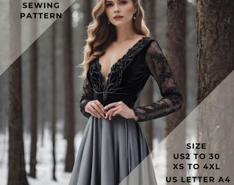 Evening Gown Sewing Pattern, Full Length Dress,Anniversary Dress, Ball Gown, US 2 to 30 and XS to 4XL,Suitable A0- A4-US Letter paper format