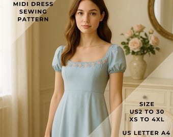Empire Waist Mini Dress Sewing Pattern, Bridgerton Dress, Renaissance dress sewing pattern, Maxi Dress, Ball Gown, US 2 to 30 and XS to 4XL