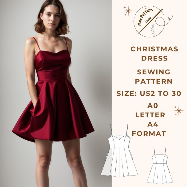 May include: A sewing pattern for a red Christmas dress. The pattern includes instructions for sizes UK2 to 30 and is available in A0 letter and A4 format.