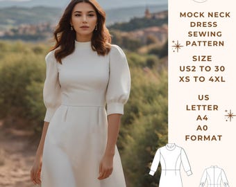 May include: A white mock neck dress sewing pattern with a fitted bodice and a flared skirt. The pattern is available in sizes US 2 to 30 and XS to 4XL. The pattern is printed on A4 or A0 paper.