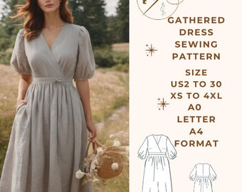 Linen Gatheder Dress Pattern, Leinenkleid Schnittmuster, verschiedene Größenoptionen US 2 bis 30 und XS bis 4XL, Geeignetes A0-A4-US Letter Papierformat