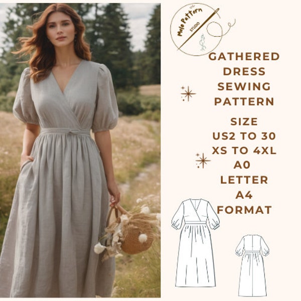 Linen Gatheder Dress Pattern, Leinenkleid Schnittmuster, verschiedene Größenoptionen US 2 bis 30 und XS bis 4XL, Geeignetes A0-A4-US Letter Papierformat