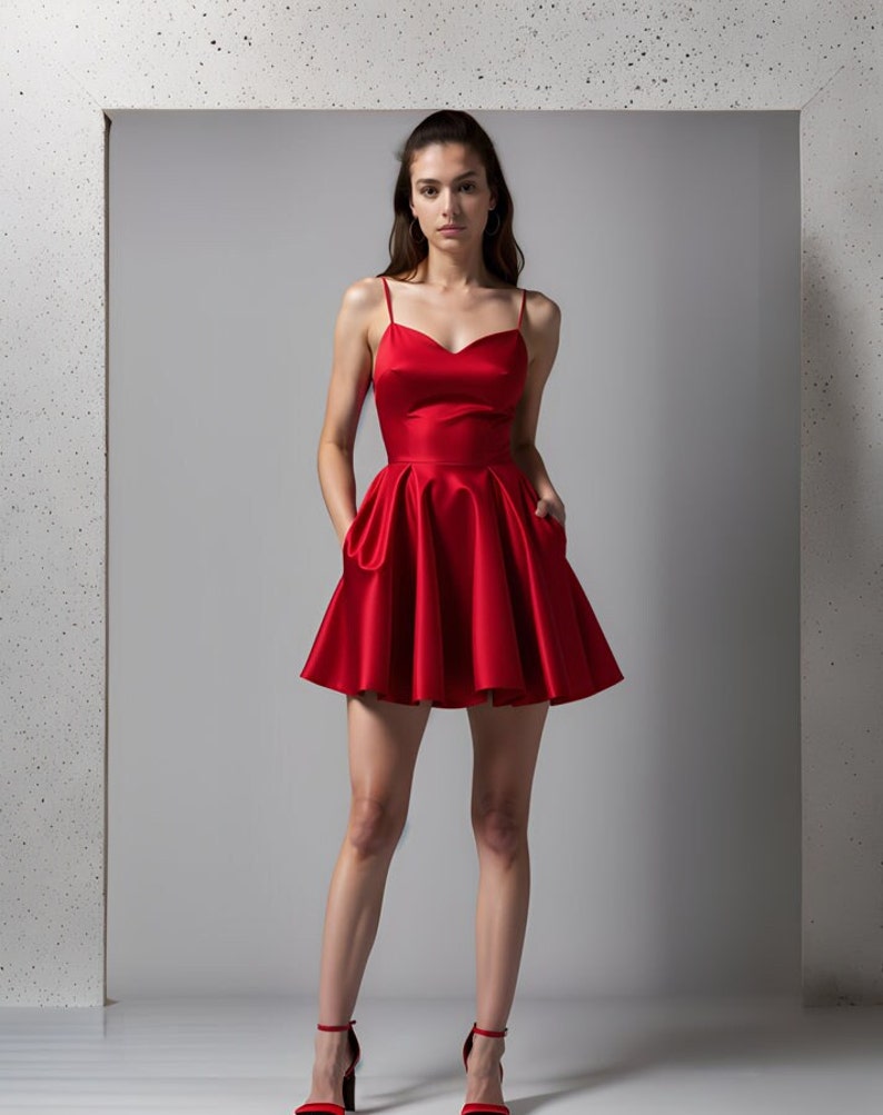 May include: A red satin mini dress with a sweetheart neckline and thin straps. The dress has a fitted bodice and a full skirt.