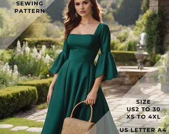 Cottagecore Maxi Dress Sewing Pattern, Vintage Dress  range of size options US 2 to 30 and XS to 4XL,Suitable A0- A4-US Letter paper format