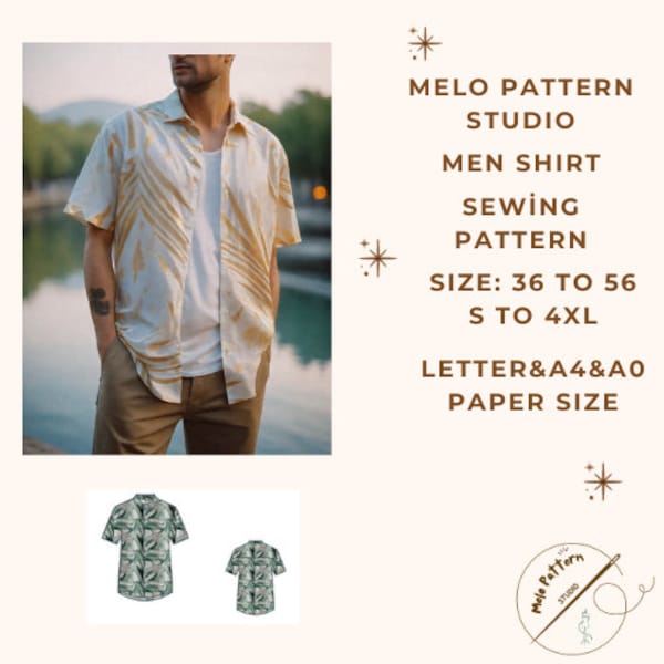 Tropical shirt sewing pattern, Men Shirt pdf sewing pattern,Button down,Men Size;36 to 56 // S to 4 XL // A0-A4-Letter paper size