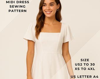 Squar Neck Midi Dress Sewing Pattern, Cocktail Dress,Anniversary Dress, US 2 to 30 and XS to 4XL,Suitable A0- A4-US Letter paper format