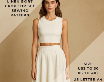 Mönster för linnekjol och crop top, damset, minimalistisk outfit för kvinnor (XS-4XL) (PDF-mönster)