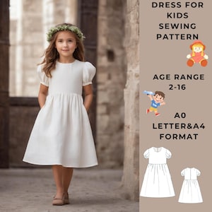 Modello di vestito arricciato per bambini, modello di cucito per vestito estivo, formato cartaceo A0-A4-US adatto per fascia d'età 2-16 anni