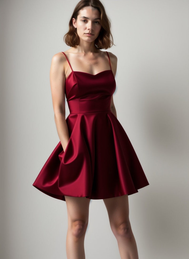 May include: A short, sleeveless, burgundy satin dress with a scoop neckline and a flared skirt.
