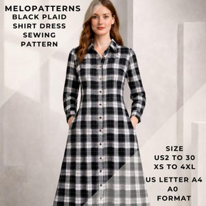 May include: A black and white plaid shirt dress sewing pattern. The dress has long sleeves, a button-down front, and pockets. The text on the image reads "MELOPATTERNS BLACK PLAID SHIRT DRESS SEWING PATTERN". The size range is US2 to 30 and XS to 4XL.