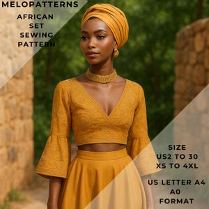 Patrón de costura africana, vestido africano, tallas disponibles: desde US2 hasta 30 y XS hasta 4XL. Formatos de papel A0, A4 y carta.