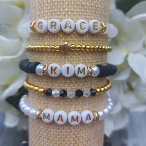 Name Bracelets, Stacking Bracelets, Pearl, Gem, Bead and Gold plated bracelets