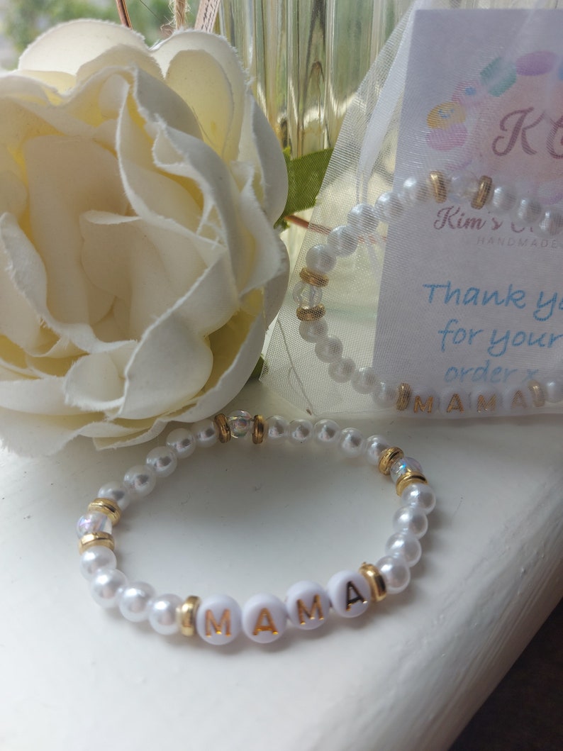 Custom Name Bracelet, Affirmation Bracelet, Pearl Mama Bracelet, Custom Word Bracelet, Stacking Bracelets. Small gifts for her. zdjęcie 8