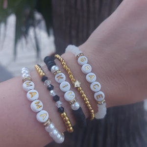 Custom Name Bracelet, Affirmation Bracelet, Pearl Mama Bracelet, Custom Word Bracelet, Stacking Bracelets. Small gifts for her. image 1