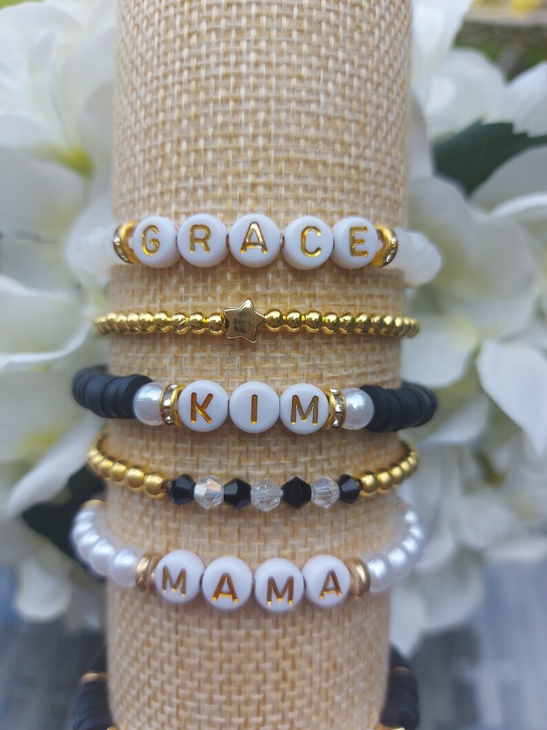 Name Bracelets, Stacking Bracelets, Pearl, Gem, Bead and Gold plated bracelets