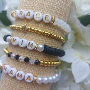 Custom Name Bracelet, Affirmation Bracelet, Pearl Mama Bracelet, Custom Word Bracelet, Stacking Bracelets. Small gifts for her. zdjęcie 5