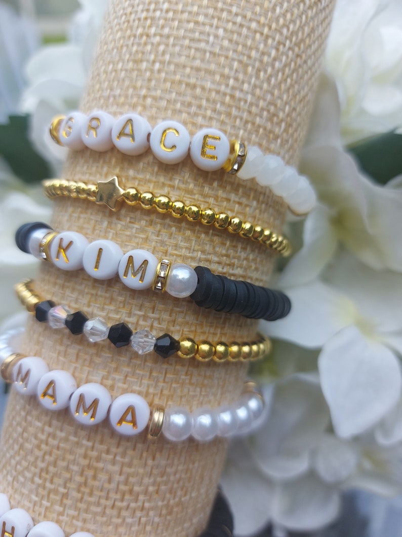 Custom Name Bracelet, Affirmation Bracelet, Pearl Mama Bracelet, Custom Word Bracelet, Stacking Bracelets. Small gifts for her. zdjęcie 5