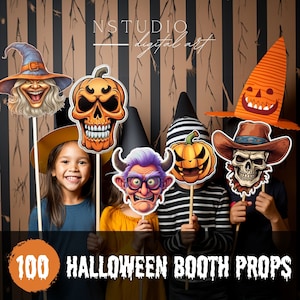 100 zestawów rekwizytów do fotobudki na Halloween do wydrukowania, tekturowe wycinanki, zabawne i straszne maski na twarz, niezbędne na imprezę halloweenową, cyfrowe maski na patyku