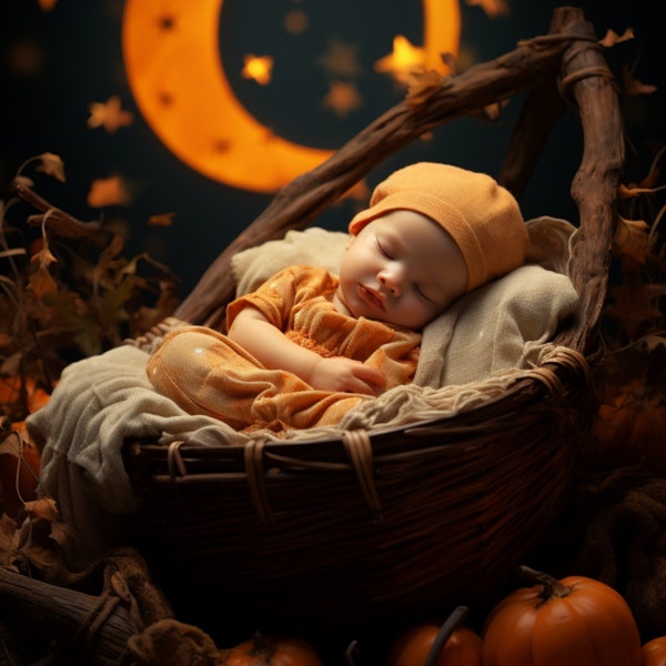 10 Halloween Baby Backdrops | Newborn Photoshoot | Baby Basket and Pumpkins Photo Props | Photography Ideas | Studio Digital Backgrounds