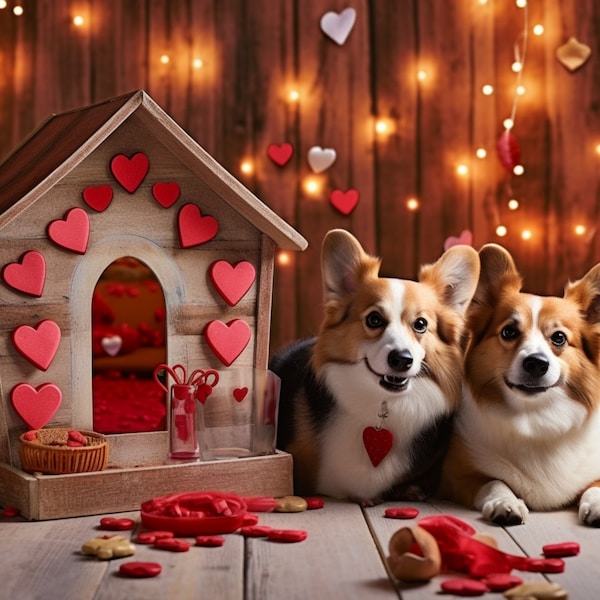 11 Saint Valentine Romantic Backdrops for Dogs | Dog Family Photography Idea | Dog House with Hearts Photo Props | Digital Backgrounds
