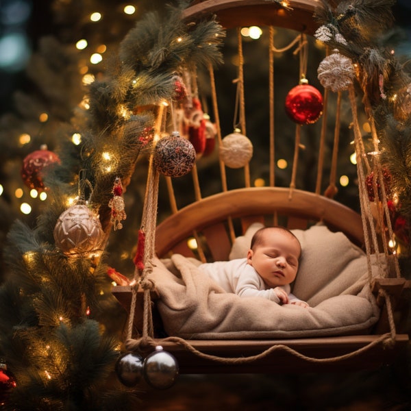 15 Christmas Baby Swing Backdrops | Newborn Christmas Photoshoot | Decorated Baby Swings Photo Props | Photography Digital Backgrounds