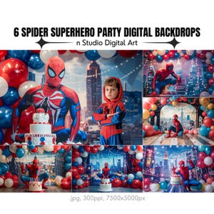 May include: Six digital backdrops featuring a Spiderman theme. The backdrops include a cityscape with balloons, a bridge with balloons, and a Spiderman character with a cake. The backdrops are perfect for a Spiderman themed party.