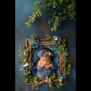 Newborn Baby Digital Backdrop Vintage Floral Picture Frame | Newborn Girl or Boy Photography | Digital Photo Prop | Blue Digital Background