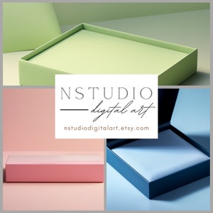 以下が含まれることがあります： 緑、ピンク、青の3つの開いた箱。白いラベルには「NSTUDIO - digital art」とウェブサイト「nstudiodigitalart.etsy.com」が書かれています。