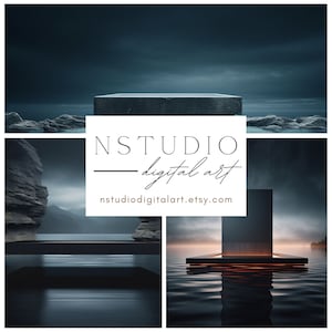 以下が含まれることがあります： 暗いムードのある3つの画像のコラージュ。黒いプラットフォームと水に浮かぶ黒い立方体が写っています。白い背景に「NSTUDIO - digital art」というテキストと「nstudiodigitalart.etsy.com」というウェブサイトが表示されています。