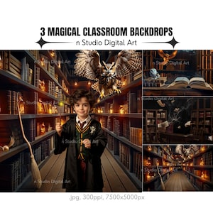 Könnte beinhalten: Drei digitale Hintergründe mit einer magischen Klassenzimmereinrichtung mit Bücherregalen, Kerzen und einer fliegenden Eule. Die Hintergründe sind ideal für Fotografen und digitale Künstler.