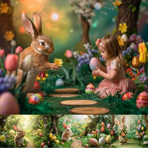 6 Easter Kid Backdrops Bundle with Rabbit Holding Flower | Kids Easter Photoshoot | Easter Photography Idea | Digital Studio Backgrounds