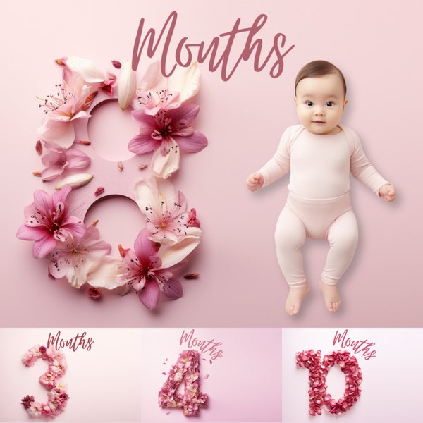 12 Baby Girl First Twelve Months Photography Backdrops | Floral Pink Numbers Photo Props | Newborn First Year Milestone |Digital Backgrounds