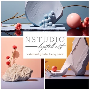 以下が含まれることがあります： 抽象的な形と色を特徴とする3つの画像のコラージュ。上の画像は、薄い青色のテクスチャのある形と、薄い青色の球体の集まりを示しています。真ん中の画像は、薄いピンク色の表面に白い岩を示しています。下の画像は、黄色の表面に白いテクスチャのある形を示しています。テキスト「NSTUDIO - digital art」と「nstudiodigitalart.etsy.com」は、コラージュの中央に表示されます。